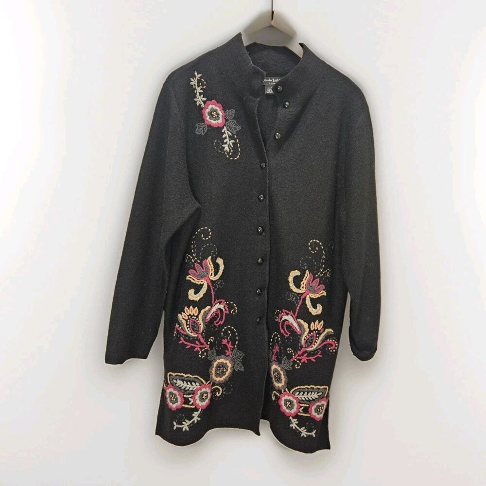 Alexandra Bartlett Boiled Wool Jacket Coat Duster Women 1X Black Floral Button